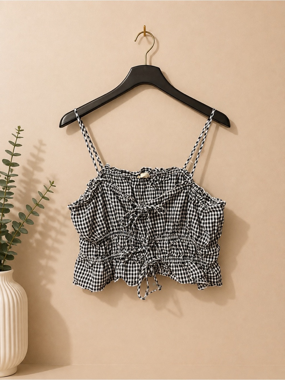 Aeropostale Black-and-White Gingham Smocked Crop Cami